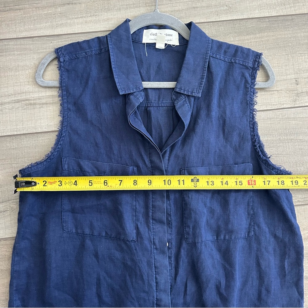 Cloth & Stone Navy Blue Linen Sleeveless Fringe Button Down Tie Waist Blouse M - Picture 10 of 10